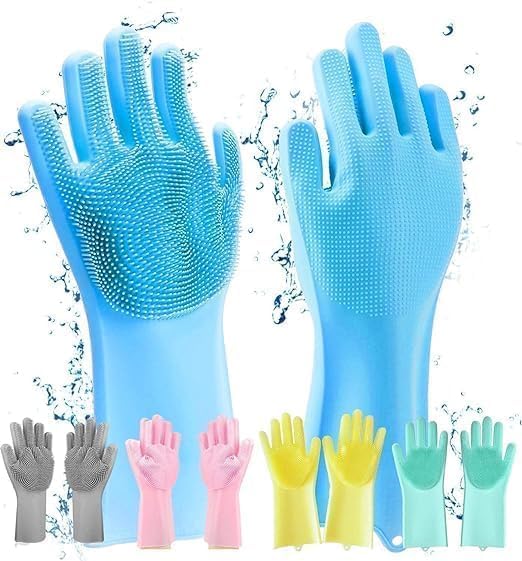 LIMESHOT Silicone Gloves Reusable Rubber Dishwashing Kitchen Scrubber for Pet Grooming Washing Dishes Bathroom Car - (1 Pair, Multicolour)