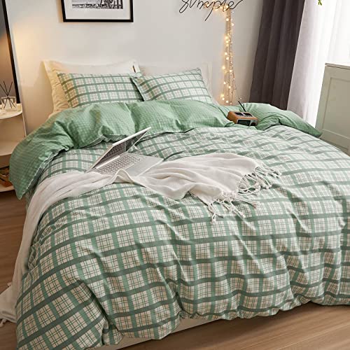 Green Duvet Cover Grid Bedding Teens Geometric Queen Duvet Cover Set Cotton Boys Plaid Comforter Cover Queen For Kids Girls Reversible Modern Simple Bedding Set Full With 2 Pillow Shams, No Comforter #TOP1