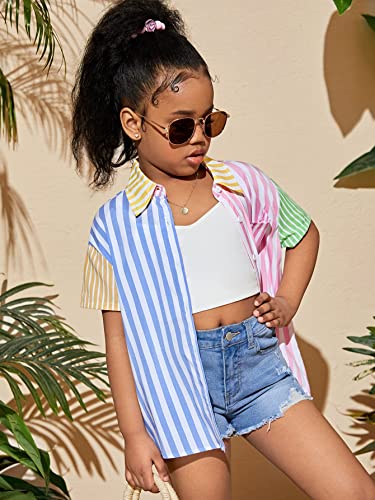 WDIRARA Girl's Striped Short Sleeve Button Front Shirt Collar Blouse Pocket Tops3