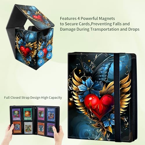 Winged Heart 4 Pocket Trading Cards Album + MTG Commander Deck Box, Trading Card Binder Holder with 320 Card Protector, Expandable PU Card Book Collectable Board Game Magic Card Binder
