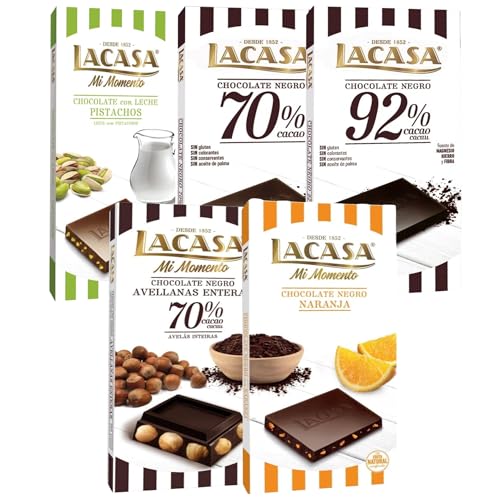 Pack Lacasa 5 deliciosas tabletas de chocolate de distintos sabores y tamaños: naranja,leche pistacho 90g,negro,cacao 92%, avellana 200g