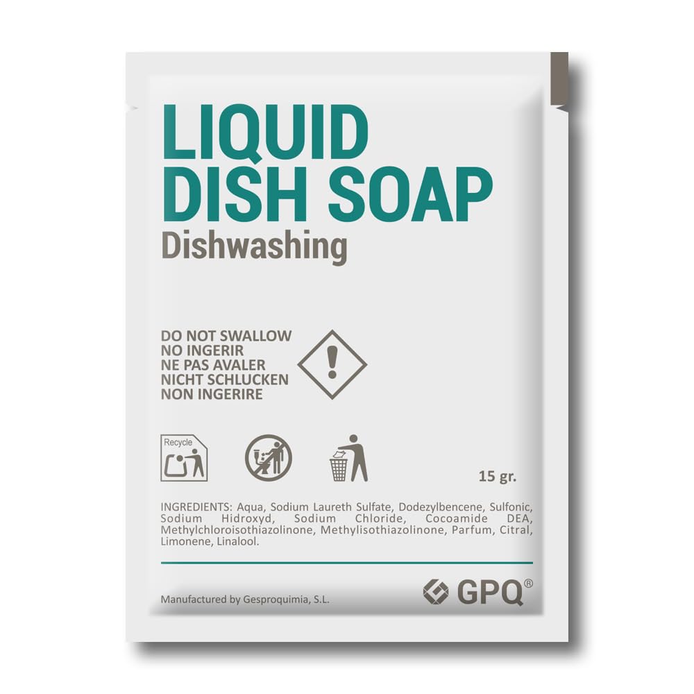 GPQ - Detersivo Lavastoviglie Liquido 15 ml | 250 pz | Amenities Detergente Manuale per Stoviglie | Sgrassante | Senza Parabeni | B&B, Casa Vacanze, Campeggio, Appartamento... | Fabbricato nell’UE