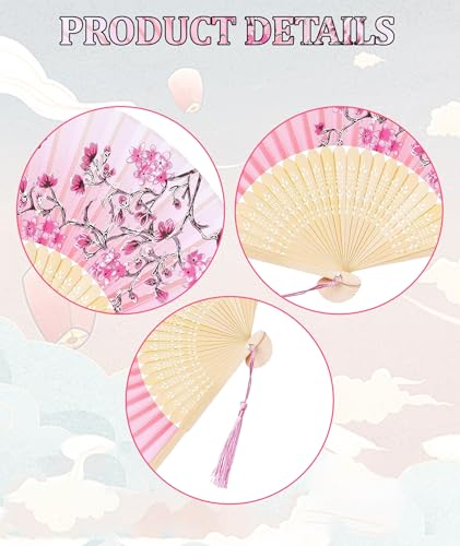 Image of 2PCS Chinese Fan for Hand, Hand Fan Manual, Japanese Fan Hand Fan Foldable Fans Silk Folding Fans with Bamboo Frames for Dancing Wedding Party Decoration Pink Floral