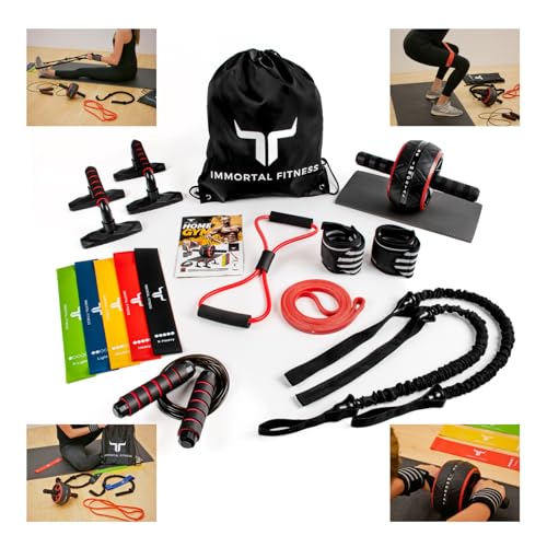 Immortal Fitness Home Gym - 18-in-1 Set for a Full Body Workout Physical Therapy at Resistance Bands, Jump Rope, Ab Wheel, Push-up Bars, and More! Elevate Your Training or on The Go Red & Black