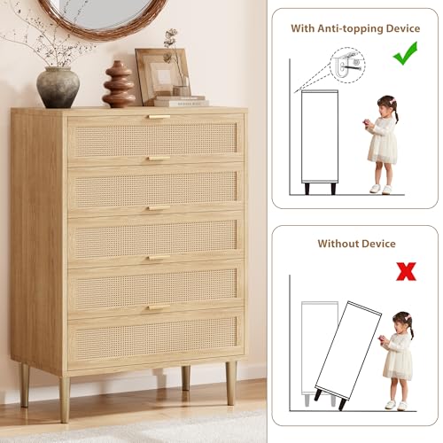 GarveeHome Rattan 5 Drawer Dresser, 44'' Tall Narrow Chest of Drawer, Farmhouse Wooden Vertical Dresser with Metal Legs and Handles, Modern Cabinet for Bedroom, Living Room, Oak