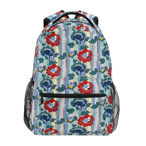 Sac à dos grande capacité étudiant multicolore avec motif fleurs rouges et bleu marine S