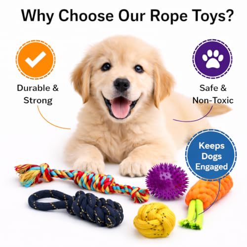 Image of Dog Rope Toy- Pack of 5 for Puppies & Small to Medium Dogs | Durable Cotton Chew | Interactive Tug Toys for Teeth Cleaning, Chewing & Play Toy