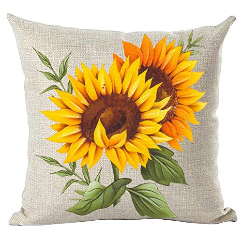 Ramirar Funda de almohada decorativa de verano con diseño de acuarela, girasoles naranjas, hojas verdes, para el hogar, sala de estar, cama, sofá, coche, algodón, lino, cuadrado, 45,7 x 45,7 cm