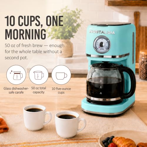 Image of Nostalgia Classic Retro 10 Cup Coffee Maker - One-Touch Drip Brew, Reusable Filter - Anti-Drip, Auto Shutoff, & Time Display - Dishwasher Safe 50 oz Carafe - Aqua