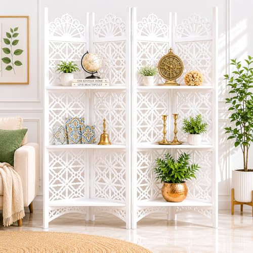 Image of Wooden Partition Divider for Living Room, Partition Wall, Privacy Divider, Freestanding Folding Panels for (6 Feet 5 Panel with 3 Shelve) (6 Feet 4 Panel with 4 Shelf White)
