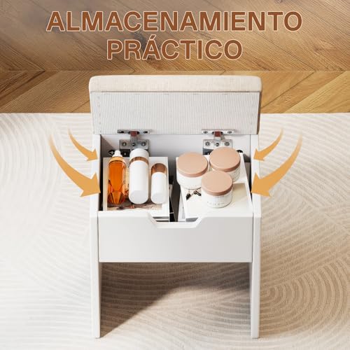 Miniatura 6 de Airfish Taburete Tocador Cómodos Con Almacenaje, Silla Tocador Transpirable Y Fresco, Baul Banco Almacenaje Tapizado, Reposapies Salon Sofa Para Dormitorio, Vestidor, Entrada, Moderno Blanco