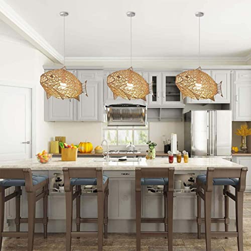 MIXL - Fish-Shaped Rattan Woven Pendant Light,1-Lights Boho Fish Lighting,Natural Weaving Wicker Light Fixture,Rustic Farmhouse Rattan Chandelier for Dining Room Living Room Bedroom Kitchen - Image 4