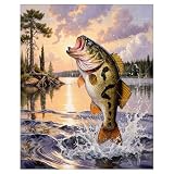 Fishing Paint By Numbers Kit For Adults - Diy Jumping Bass Fish Painting On Canvas 16X20 Inches, Acrylic Paint Set, Suitable For Beginners, Cabin Decor Art For Home Decoration Or Gifts, Unframed