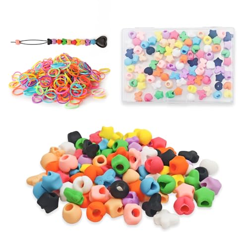 90PCS Silicone Hair Beads for Girls Braids,5mm Colorful Soft Micro Beads Kit with Butterfly Heart Star Shapes,10 Colors and 1 Plastic Beaders and Elastic Bands for DIY Hair Accessories