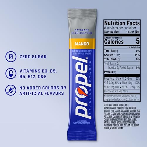 Image of Propel Electrolyte Powder Drink Mix, Mango, (32 Servings), Zero Sugar, Enhanced Water Beverage, Gatorade Electrolytes, Vitamins, No Added Colors, No Artificial Flavors, Hydration