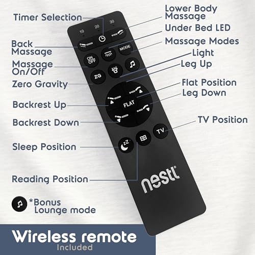 Image of Nestl 2nd Gen Queen Adjustable Bed Frame with Massage and Wireless Remote, Electric Base with Head and Foot Incline, Zero Gravity, USB Ports, Under Bed LED, No Box Spring Needed