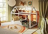 Alcube® Hausbett 90x200 im Montessori Stil für Kleinkinder mit Lattenrost und Dach für Mädchen und Jungen - Kinderbett 90x200 Bodentief aus massivem Kiefernholz - Bett in Weiß