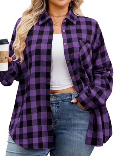 Womens Plus Size Purple Plaid Shirt Long Sleeve Button Down Flannel Shirts Roll Up Checkered Clothing Oversize Blouse Fall Boyfriends Tops Casual 3XL