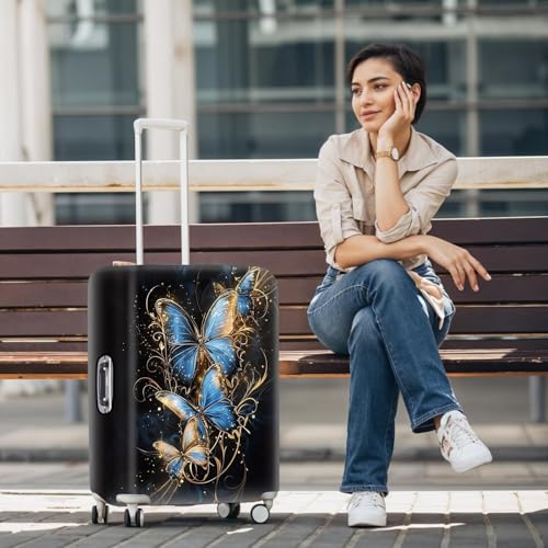 Image of Elegant Butterfly Luggage Cover for 20-22 Inch Suitcase - Blue and Gold Artistic Insect Design Travel Protector - Washable Stretch Suitcase Cover for Stylish Travelers,S