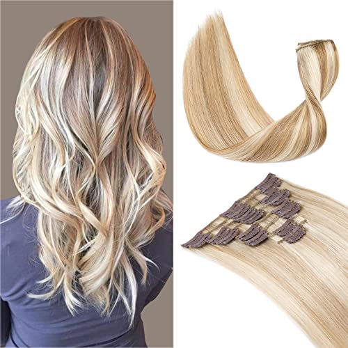 TESS Clip in Hair Extensions Real Human Hair Highlighted Remy Seamless 8 Pieces Straight for Women/Girls (#18P613 Ash Blonde & Bleach Blonde