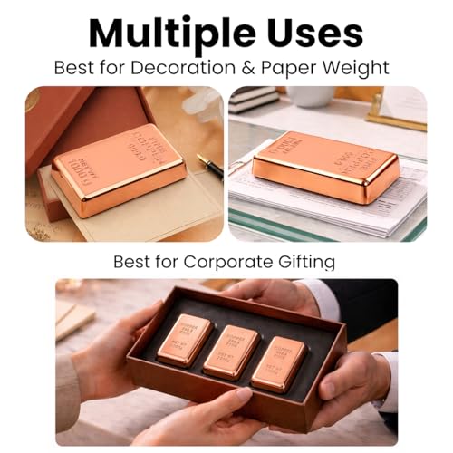 Image of ZAHEPA Realistic Metal Copper Bar Paperweight for Office Table, Fake Copper Biscuit Paper Weight Table Decoration, Prop for Jewellery Shop & Heist Theme, Unique Gift for Home & Office (Pack of 3)
