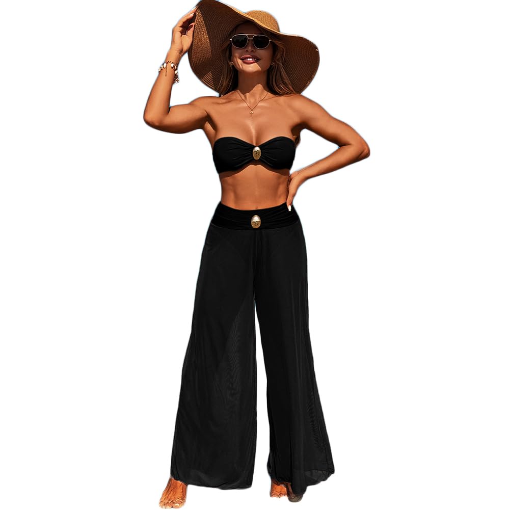 XYFfybhsd Three Piece Women's Bikini Swimwear Beachwear Sexy Swim Wear With Mesh Long Pants Bikinis & Beachwear(Size:L,Color:Black)