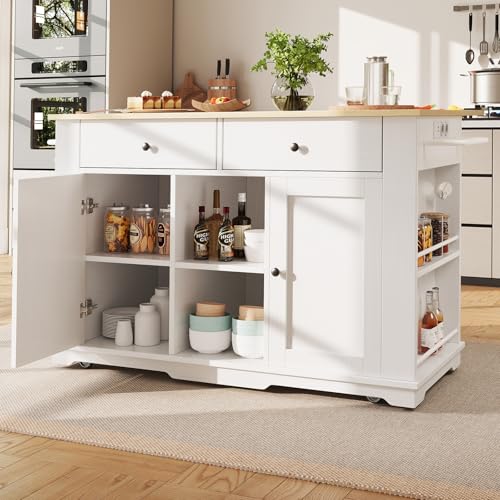 ilot central cuisine,Îlot de Cuisine Moderne, Chariot de Cuisine équipé d'une Multiprise, Plateau de Table Pliable, 2 Tiroirs, 2 Portes, étagère de...