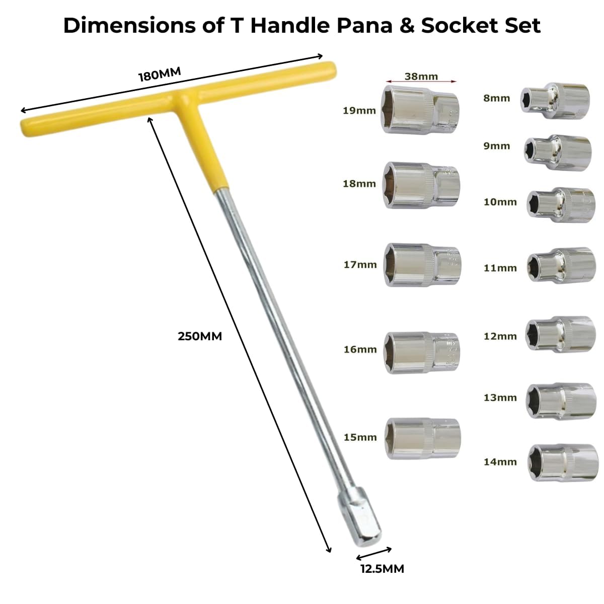 KASHTHA ENTERPRISE 13 PCS Vehicle Car T Shaped Handle Wrench Spanner with 8-19mm 1/2 Socket Tool Set (13 in 1 T Handle Spanner) 3