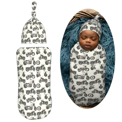 Image of Painting Motorcycles Newborn Swaddle Blankets Hat Sets Soft Baby Receiving Blanket Swaddle Sack for Baby Shower Infant Boy Girl Gift