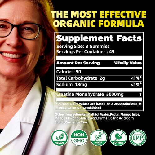 Image of Creatine Monohydrate Gummies, NSF Certified, 5g Dose for Men & Women to Support Muscle, Strength, Recovery, Cognitive Health & Memory, Mango Flavor, 135 Gummies
