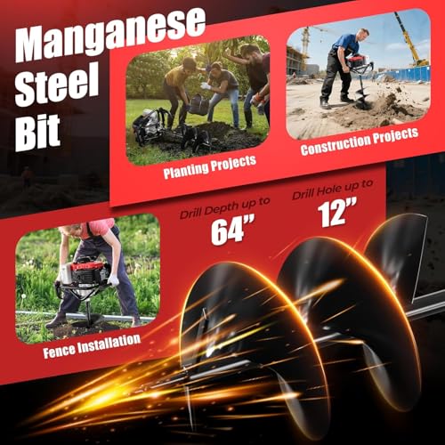 Image of 78CC Gas Powered Post Hole Digger, 4 Stroke Auger with 6&8 Inch Bits | 4-stroke engine, no gas-oil mix! 78CC powerful motor, quieter than 2-stroke. Includes 6 inch&8 inch auger bits + extension rod