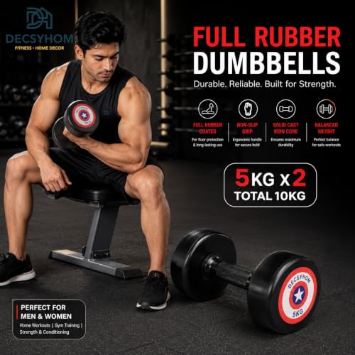 Image of Rubber Coated Adjustable Dumbbells Set of 2 (7.5KG x 2) | Home Gym Dumbbell set for Men & Women | Non-Slip Handle | Heavy Duty Round Rubber Dumbbells | Strength Training & Fitness Equipment.