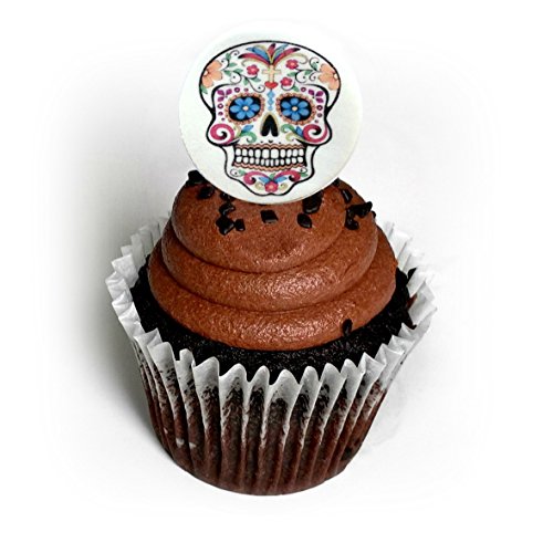 Dia De Los Muertos Sugar Skull Skeleton Day of The Dead Halloween 1.5 Inch Wafer Paper Toppers for Decorating Desserts Pack of 12