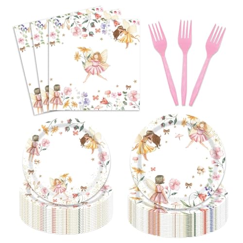 96 Pcs Fairy Plates and Napkins Party Supplies Enchanted Forest Garden Birthday Party Tableware Set Fairies Wonderland Party Decorations Favors for Girl Birthday Party Serve 24 Guests