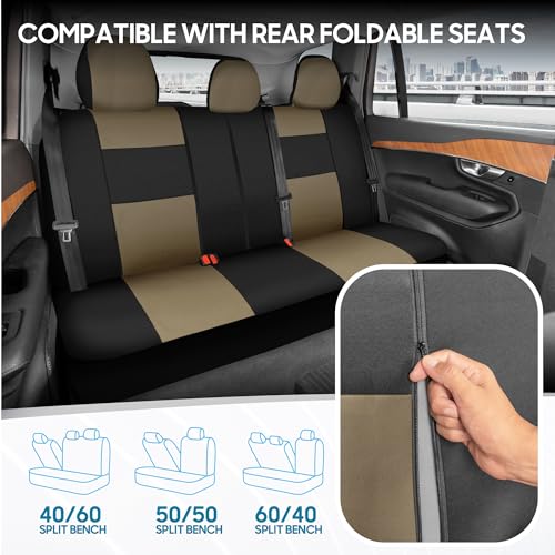 Image of BDK PolyPro Seat Covers Full Set in Beige on Black - Front and Rear Split Bench Seat Covers for Cars, Car Accessories for Auto Trucks Van SUV