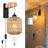 ZECOXOL Rattan Wall Sconce Farmhouse Boho Wall Lamp with Plug in Cord,Bamboo Woven Plug in Wall Sconces,Dimmable Black Plug in Wall Lamp Rustic Wall Sconce for Living Room Bedroom