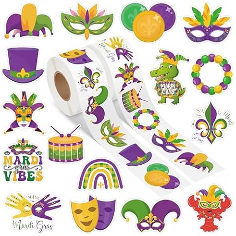 A1diee Happy Mardi Gras Stickers - 1000Pcs in 2 Rolls Carnival Orleans Mask Self-Adhesive Decal Clown Sticker Gifts for Masquerade Party Water Bottle Tumbler Bumper Laptop Car Truck Decor Scrapbooking Cover