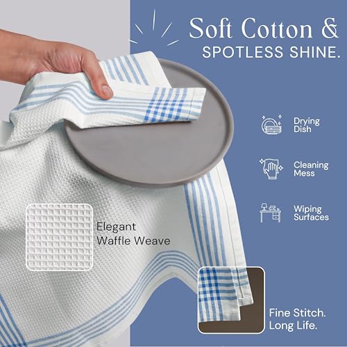 Image of Waffle White & Sky Blue Kitchen Towels 4 Pack, 100% Cotton 16x26 inches, Quick Dry Bar Mop Towel, Super Absorbent Wash Cloths for Cleaning, Drying Dishes, Long Lasting Dishcloth