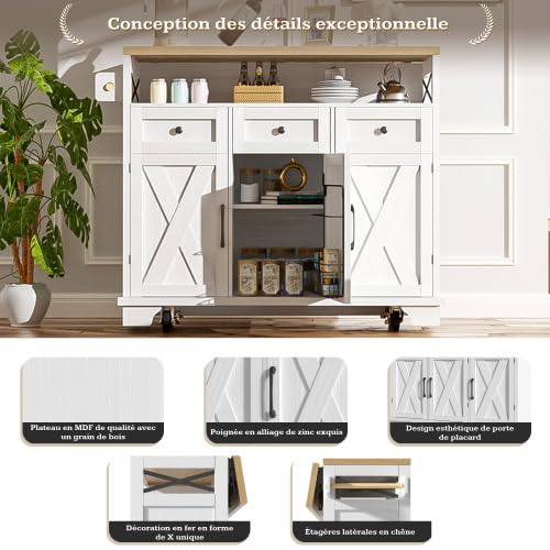 Isola Cucina Ruote Pieghevole, Legno Bianco, 118x43x98 cm