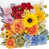 TINGE TIME Rainbow Colorful Artificial Flowers Combo Box Set, Fake Roses Silk Sunflower with Stems for DIY Bridal Wedding Bouquets Baby Shower Floral Arrangements Centerpiece Party Home Decorations