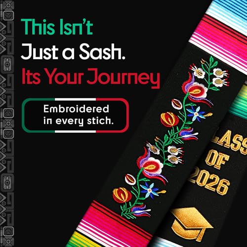 Image of Deluxe Mexican Graduation Sash 2026 | Embroidered Estolas de Graduacion 2026 | Authentic Mexican Sash for Graduation 2026