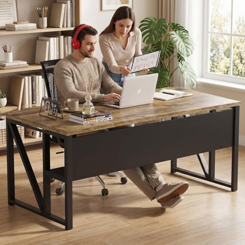Image of FFO Nexus Executive Director Desk | Office Table | Manager Cabin Work Desk with Modesty Panel & Cable Grommet | Sturdy Metal Frame | Black Top & White Base | DIY 160x80 x75 CM DIY.