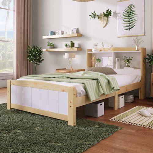 KOMHTOM Simple Lit en Bois avec Tête de lit de Rangement Cadre de lit Plateforme avec Sommier à Lattes pour Enfant, Adolescents(sans Matelas) (A, 90x200 cm)