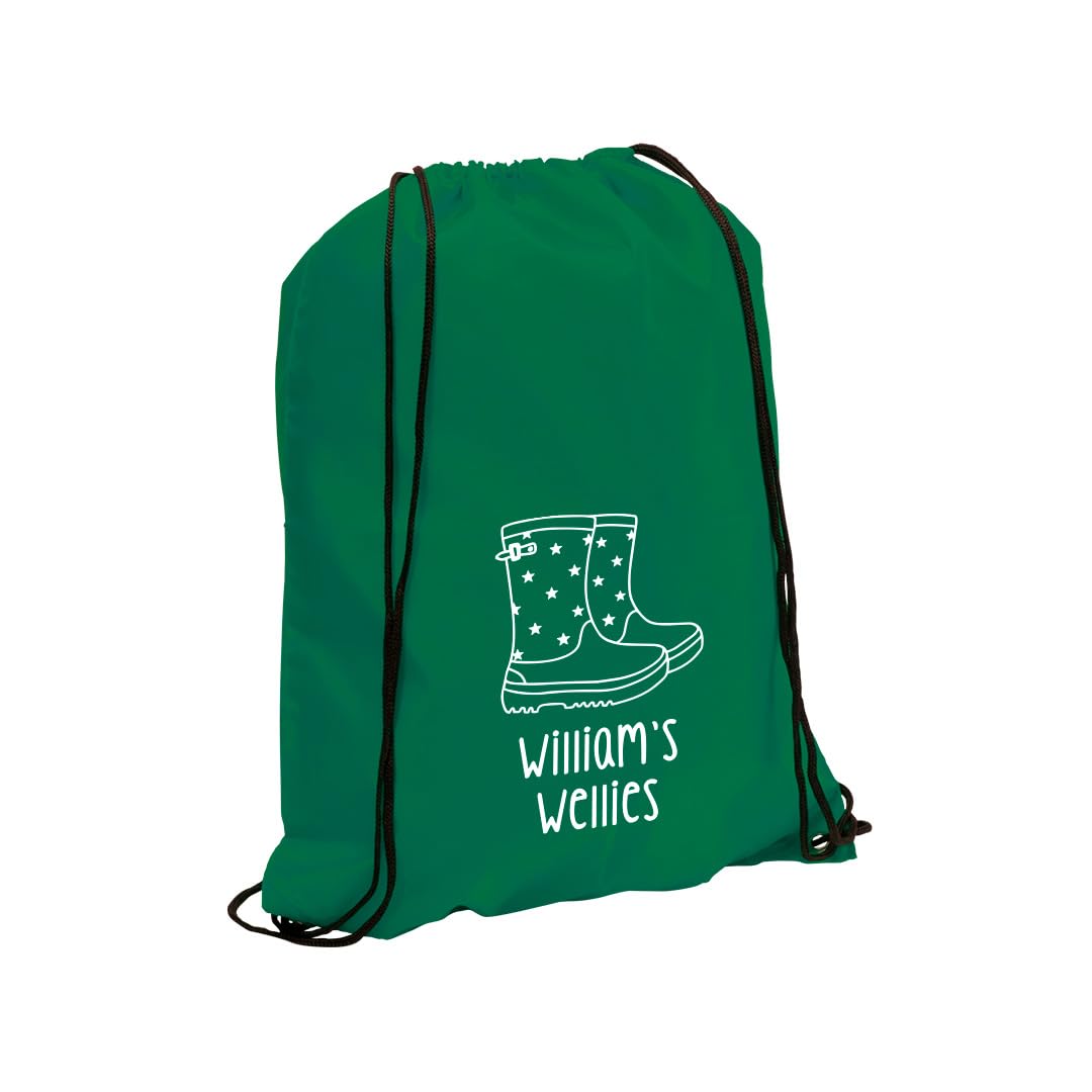 eBuyGB Personalised Welly Boot Bag, Kids Unisex Drawstring Bag for Wellies Boot Backpack, Girls Boys Rucksack, Children's Welly Bag (Green)