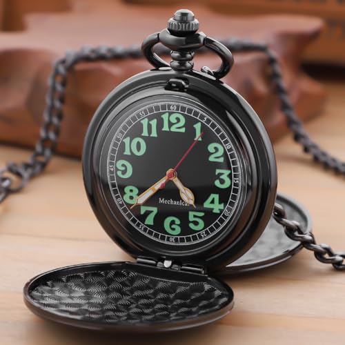 Image of Men's Mechanical Pocket Watch Black Rudder Pattern Double Open Hollow Roman Numerals Pocket Watch