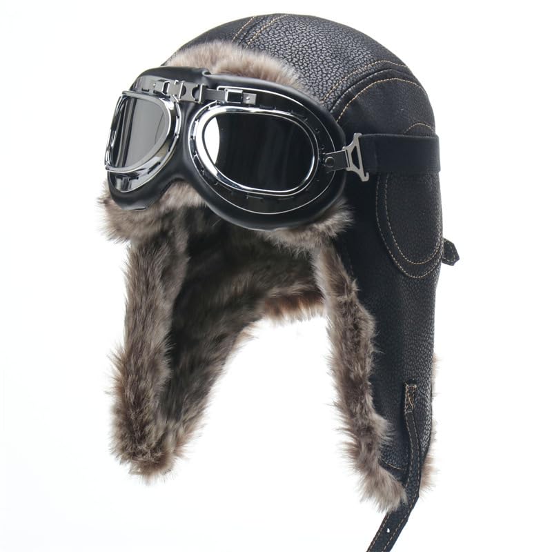 Cappello Invernale Cappello bomber invernale da uomo con occhiali da moto all'aperto, antivento, caldo, in pelliccia sintetica, cappello con paraorecchie, in pelle termica ( Color : Black , Size : One