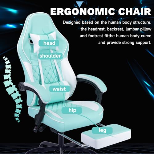 Image of Gaming Chair with Footrest for Home Office - High Back Computer Chair with Headrest and Lumber Support, Ergonomic Height Adjustable Leather Game Chairs (Green+White)