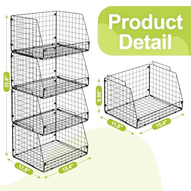 4 Pack XXL Stackable Wire Storage Basket, Extra Large Capacity Pantry Organizer and Storage, Muti-Purpose for Vegetable Fruit Basket & Can Organizer & Snack Rack & Metal Pantry Bin