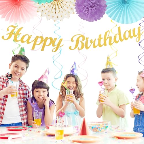 Image of Pastel-Rainbow Classroom Girls Birthday Party-Decorations - 21pcs Happy Banner Decor, Colorful Paper Streamers Lanterns,Tissue Pom Poms Fan,Hanging Honeycomb Garland, Two Sweet Easter Supplies Huglony