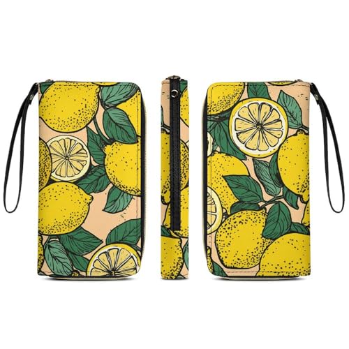 Yellow Lemon Leather Wallet Smooth Zip Around Clutch Wristlet Travel Long Soft Purse for Women3